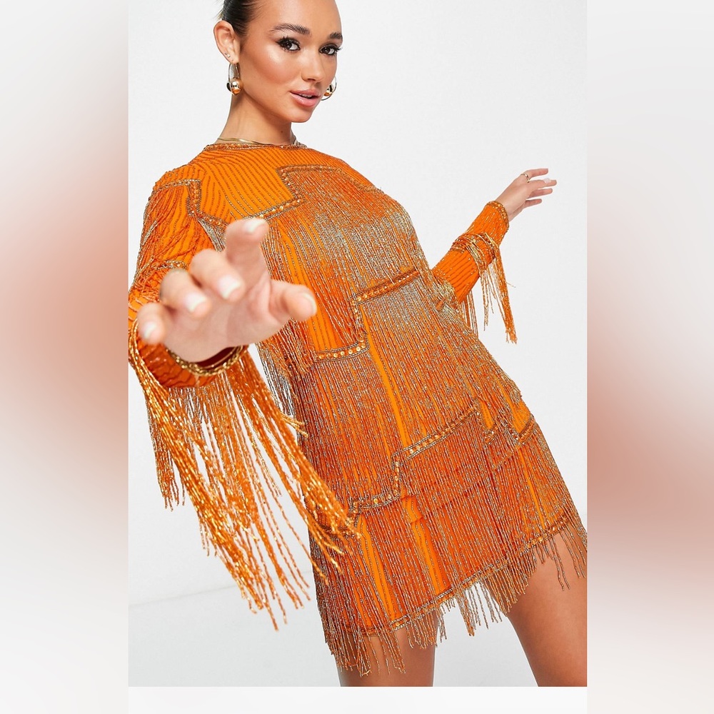ASOS DESIGN embellished shift mini dress with beaded fringe in orange